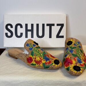 SCHUTZ Cork Slip-On Mules with Bright Floral Embroidery